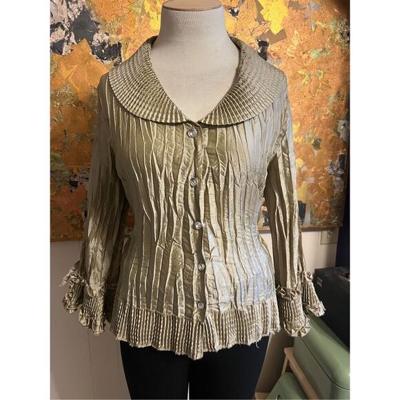 Agora Tops - Agora Champagne Pleated Dressy Blouse With Rhinestone Buttons Dramatic! XL